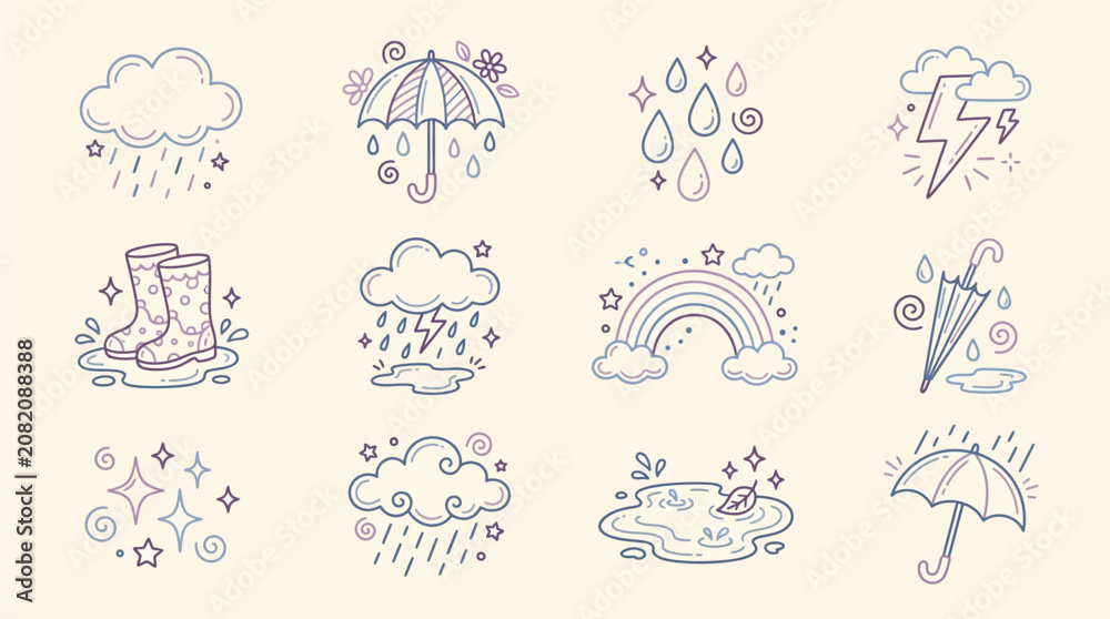 Naklejka premium Doodle style weather and rain icons set featuring clouds, umbrellas, raindrops, lightning, rainbows, and rain boots in puddles.