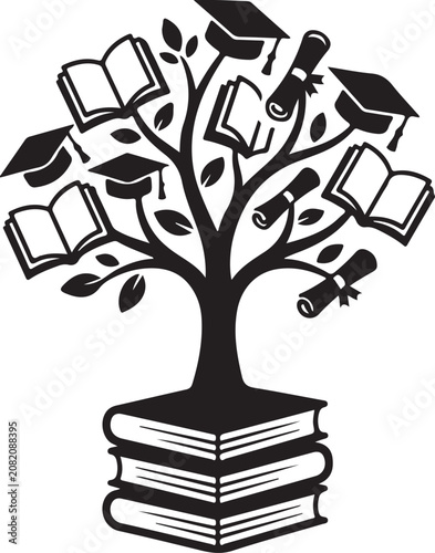 Back to School Learning Tree with Books Graduation Caps and Academic Growth Vector Illustration