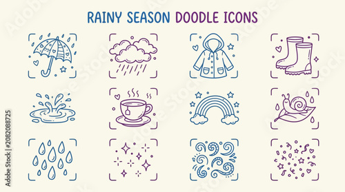 Fotografie Hand-drawn doodle icons representing various elements and activities associated with the rainy season, featuring items like umbrellas, raincoats, puddles, and hot tea