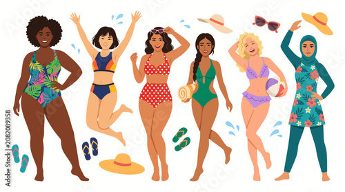 Diverse women in various swimwear styles enjoying summer beach vacation and body positivity