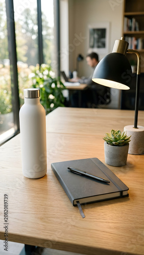 White reusable water bottle on a wooden office desk with notebook and lamp