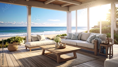 A serene beachside porch with white couches and a wooden coffee table