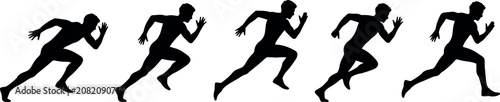 Five male athletes in black silhouette running in unison on a white background