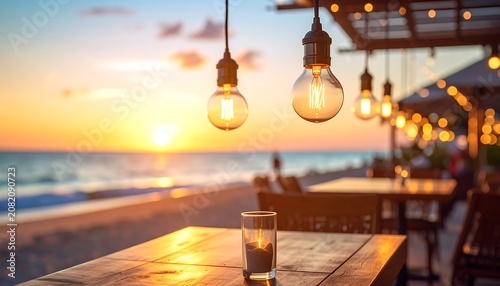 A serene beachside restaurant at sunset with a candle on a wooden table