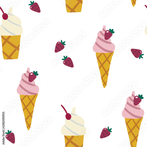 Seamless pattern with ice cream and cherries and raspberries