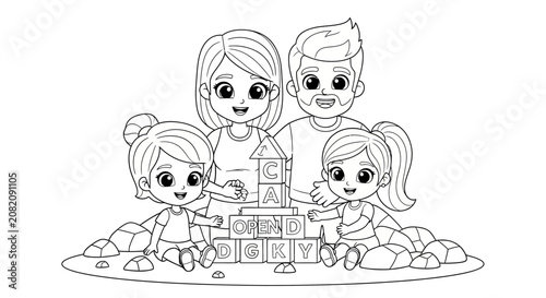 Cartoon family building blocks together in illustration.