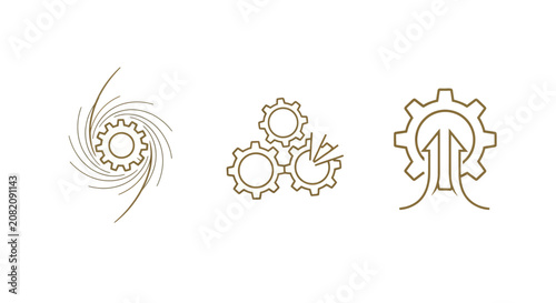 Three distinct golden gear icons on white background.