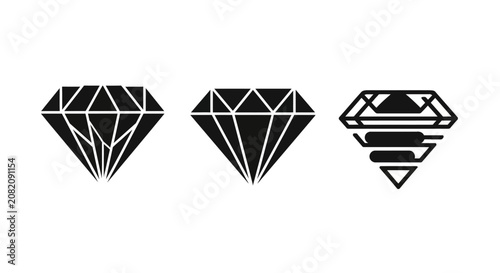 Three black diamond icons with geometric patterns.