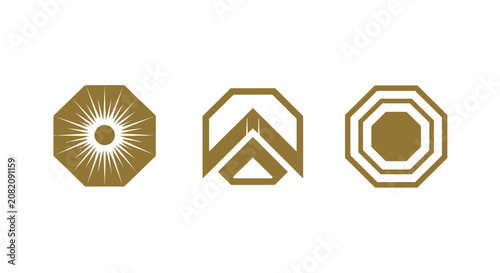 Three Geometric Gold Emblems with Intricate Designs.