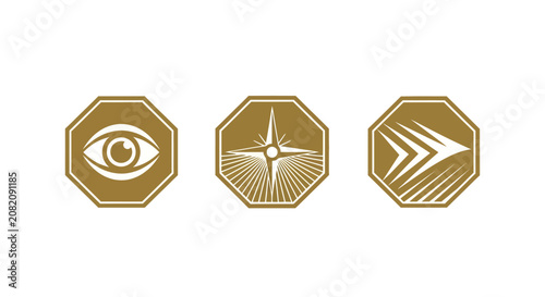 Golden hexagonal icons with symbolic designs inside.