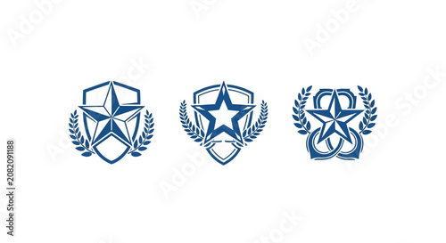 Three Blue Shield Emblems with Stars and Laurel Wreaths.