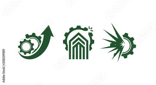Green Gear Arrow and Leaf Icons Set.