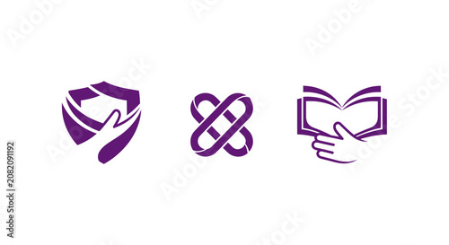 Purple icons of shield infinity and open book symbols.