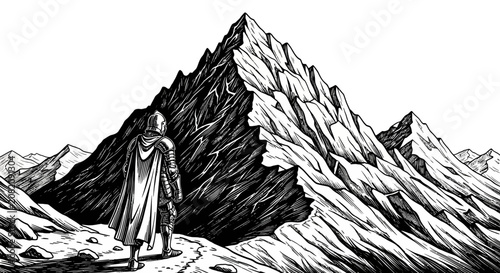 Lone traveler walking towards towering mountain peaks.