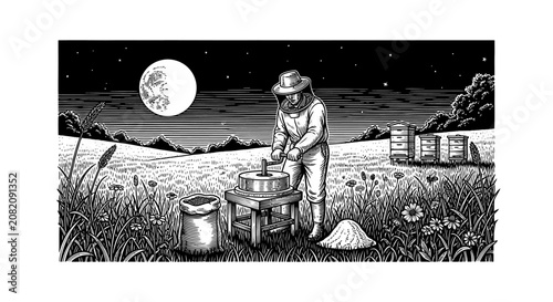 Beekeeper tending hives under a full moon at night.