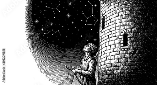 Medieval astronomer observing stars from tower.