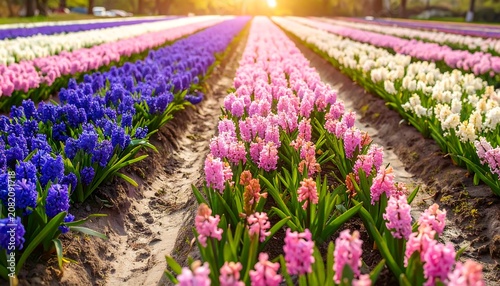Colorful hyacinth field in sunlight