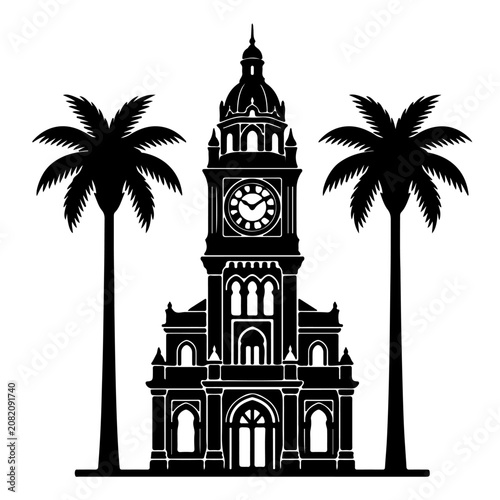 Black silhouette of a historic clock tower with palm trees
