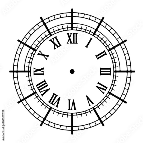 Roman numeral clock face illustration with decorative border