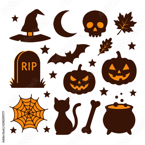 Halloween Silhouette Icons Set with Pumpkin, Skull, Bat, and Witch Hat on White Background