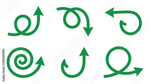 Set of green hand drawn curly arrows and direction signs