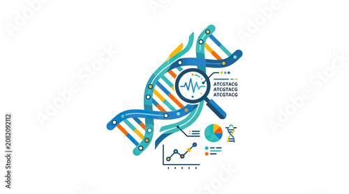 Tablou pe pânză DNA helix analysis with magnifying glass, charts, and genetic code