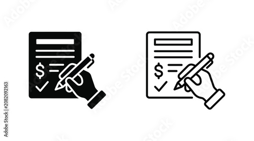 Fotografie Hand Holding Pen And Document With Checkmark Line Art Silhouette