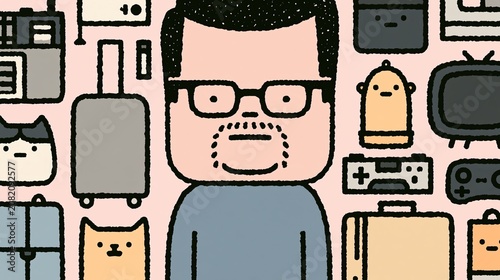 glasses and goatee character surrounded by symbols depicting hobbies such as travel, video games and pets