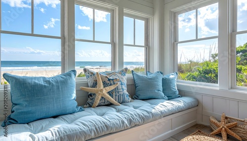 A serene beachside window seat with blue cushions and starfish