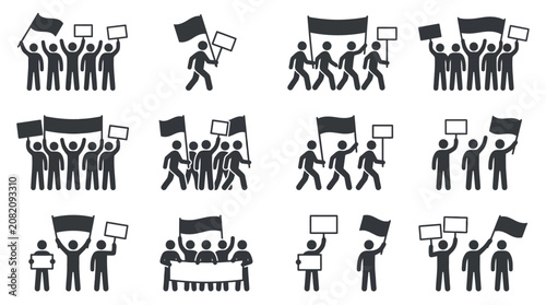 Fotografie Protest Icons: People Marching with Flags and Signs