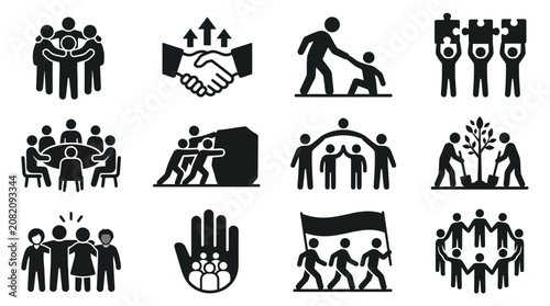 Teamwork and Collaboration Icons Set: Unity, Support, Partnership, Growth, and Community