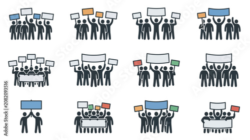 Protest Crowd Icons: People with Signs, Demonstrations, Activism, Group Action