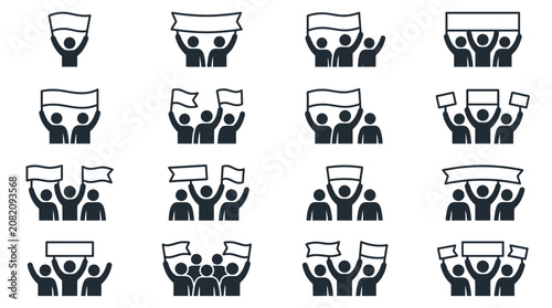 Photos Crowd Protest Icons: Demonstrators Holding Banners and Signs, Vector Graphics