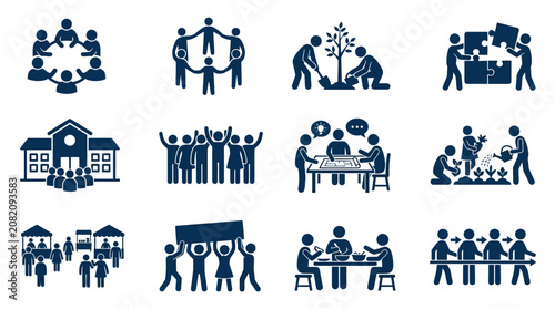 Foto Community Icons: Teamwork, Collaboration, Growth, Education, and Social Gatherin