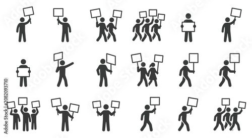 Fotografie Protest crowd icons, rally group, demonstration people holding signs, silhouette