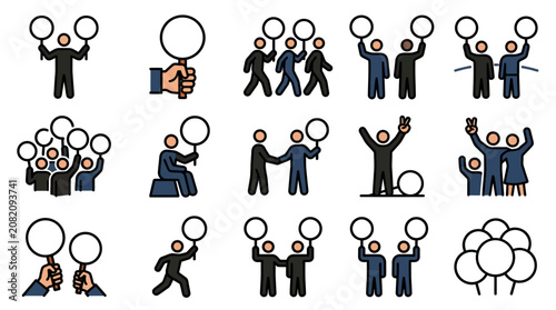 Protest, Demonstration Icons: People Holding Signs, Banners for Social Issues, Activism
