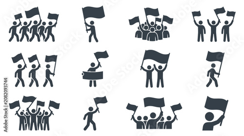 Protest Icons: People with Flags Marching and Demonstrating