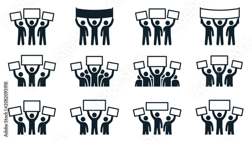 Protest Icons: Diverse Crowd Holding Signs and Banners