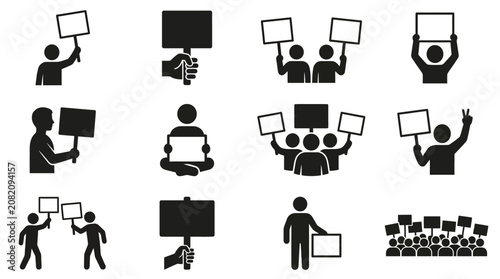 Protest Signs Icons: Diverse Crowd Demonstrating with Blank Placards and Banners