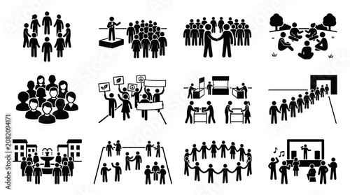 Crowd Gathering Icons: Diverse Group Activities, Events, and Community Scenes