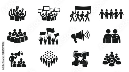 Protest Crowd Icons: Demonstration, Unity, Speech, Activism, Group, Megaphone, Banner
