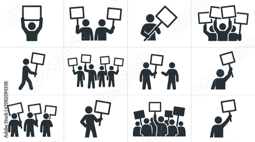 Tableau sur toile Protest icons, demonstration symbols, people holding signs, social activism, gro