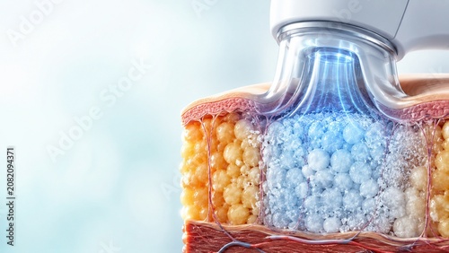Close-up illustration of medical fat reduction procedure using cooling technology on human skin tissue