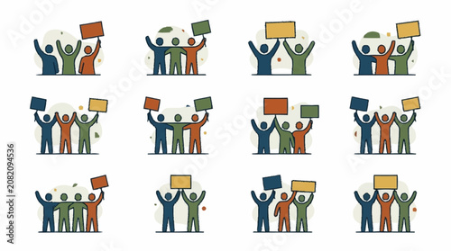 Protestors holding blank signs, diverse group rallying for change, vector illustration