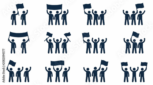 Protest Crowd Icons: People Holding Flags & Banners, Silhouette Group