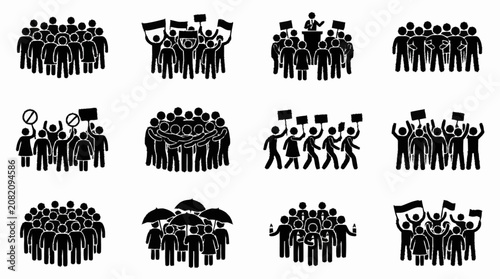 Schilderij op canvas Crowd Icons: Protest, Rally, Gathering, Demonstration, March, Activism, Group Pe