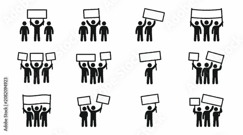 Protestors holding blank signs and banners, crowd demonstration icons