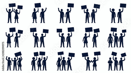 Foto Silhouette group of people protesting with signs, activism, demonstration, rally