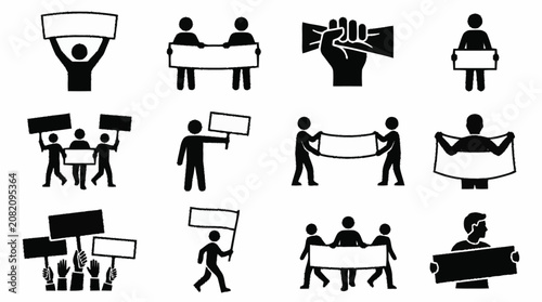 Protest Icons: People Holding Banners, Signs, and Placards for Demonstration