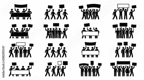 Photos Protest Crowd Silhouette Icons: Demonstrators Marching with Banners and Signs